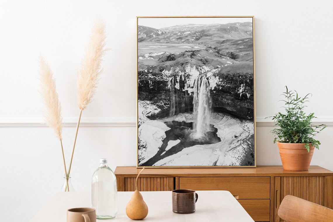 Iceland Waterfall Pouring Over a Cliff Edge Black White Landscape Photo Poster - Image 3