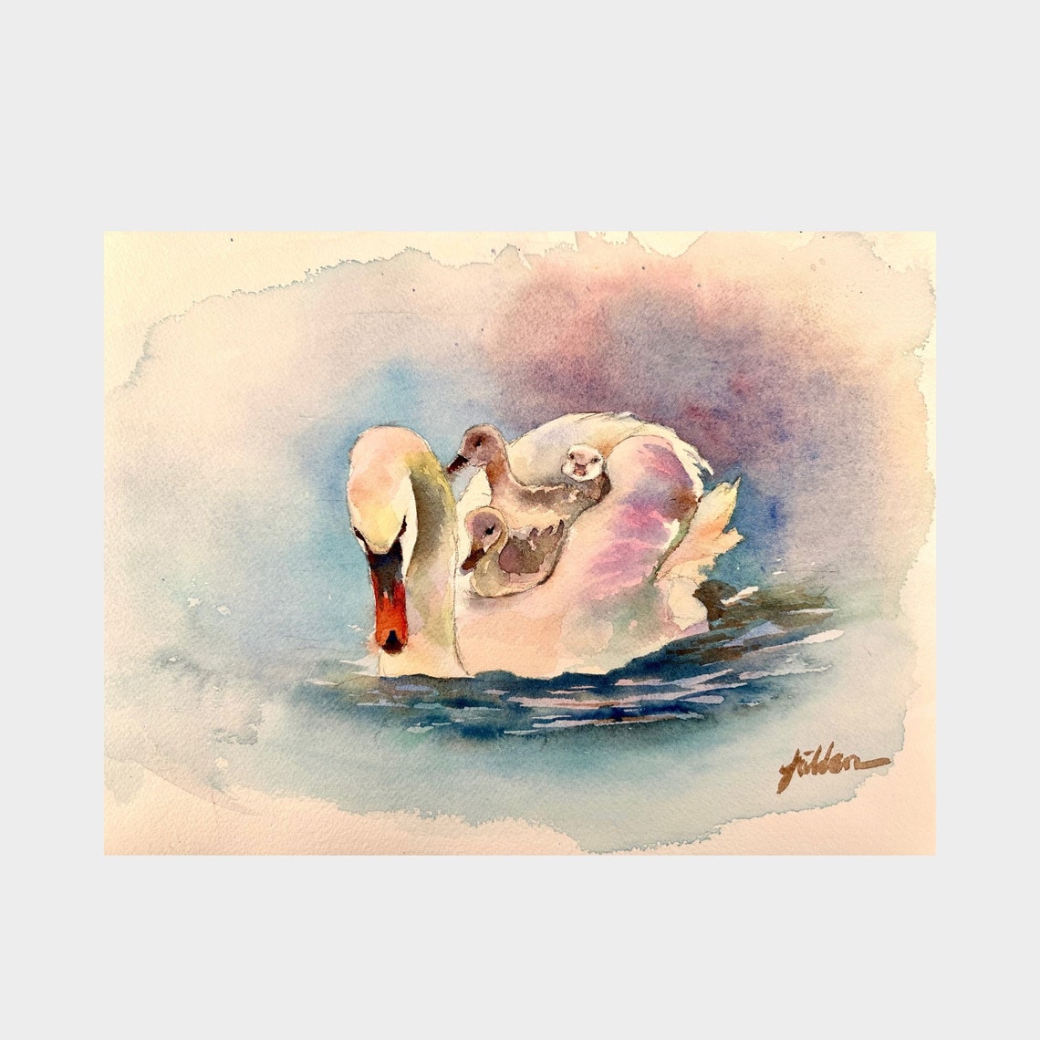 Swan Original Watercolor Painting White Swan Painting Aquarelle Mother Day Gift White Swan Lake Mother Swan With Her Babies 8x12 In - Image 4
