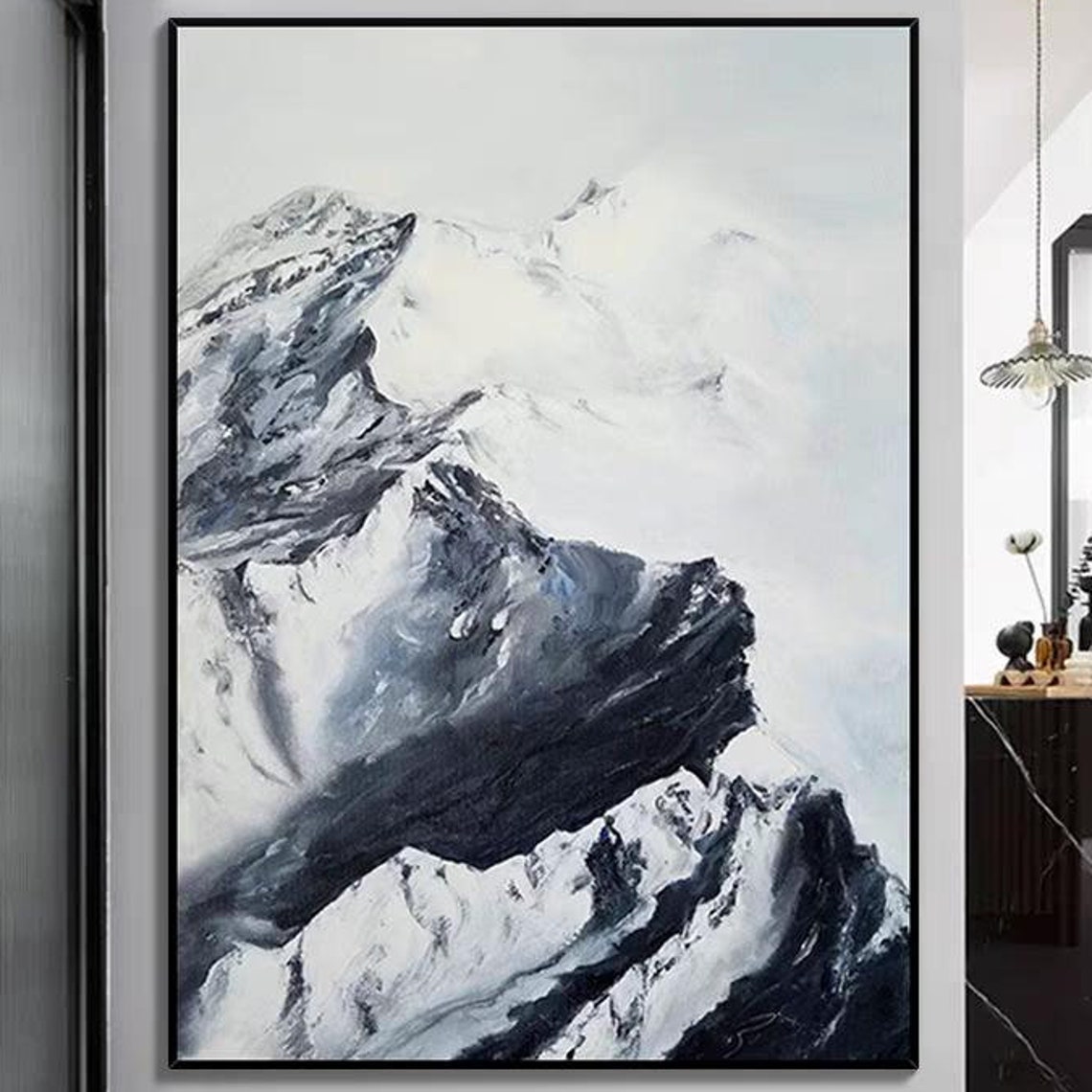 Snowy Mountain Peaks Monochrome Textured Painted Landscape Poster