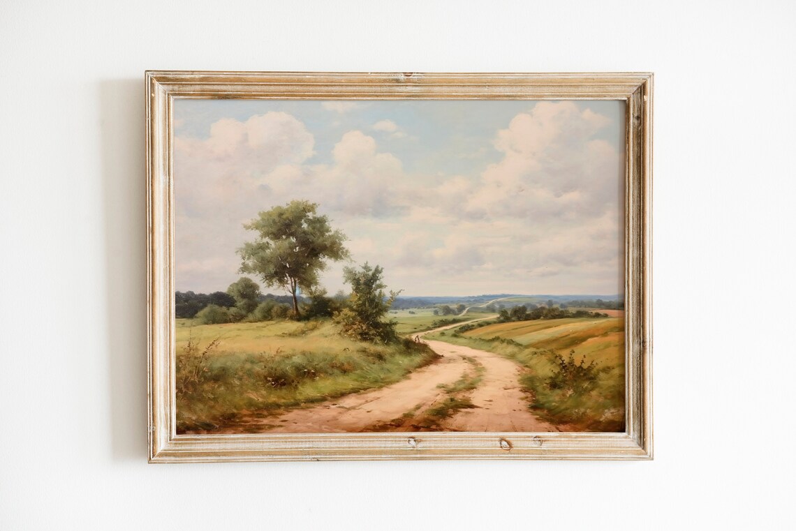 Vintage Country Dirt Road Rolling Field Countryside Painting Poster - Image 2
