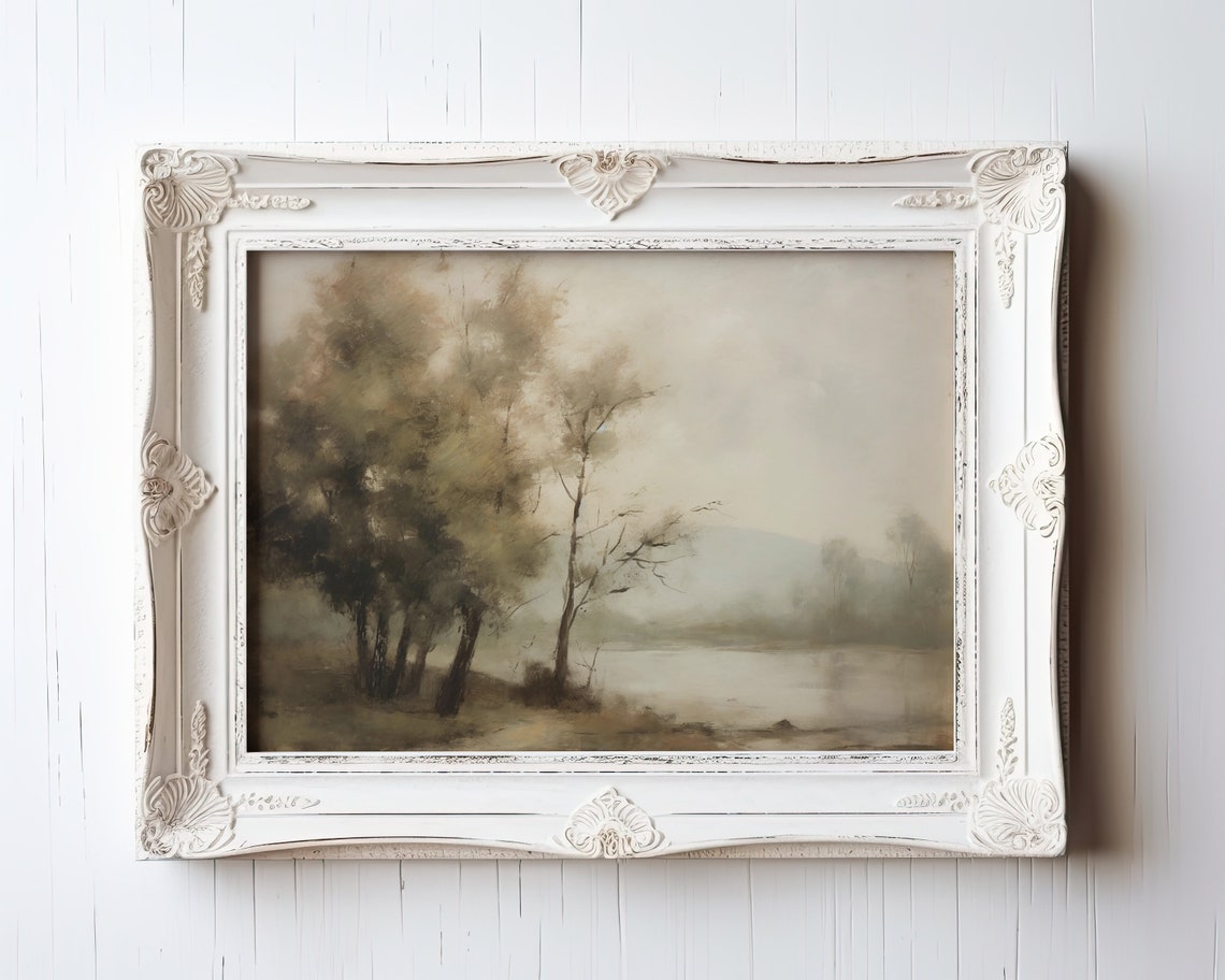 Muted Sage Riverside Trees Calm Water Vintage Oil Painting Poster