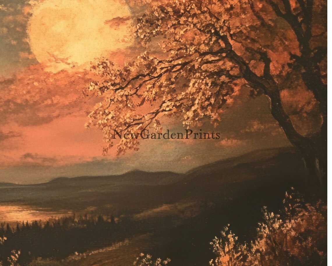 Moody Autumn Landscape With Full Moon Over A Golden Forest Lake Print - Image 2