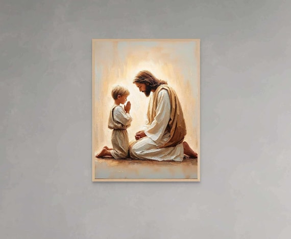 Jesus and Boy Kneeling in Prayer Soft Glow Christian Art Poster