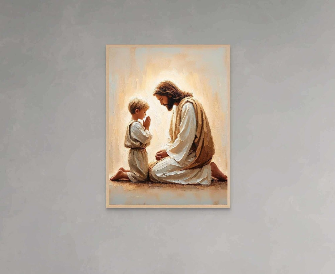 Jesus and Boy Kneeling in Prayer Soft Glow Christian Art Poster