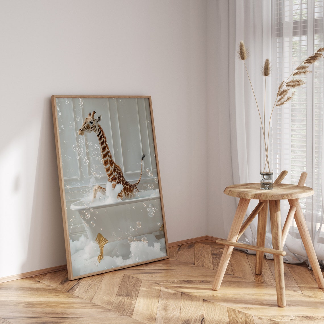 Funny Giraffe Splashing in Colorful Bubble Bath Bathroom Poster - Image 3