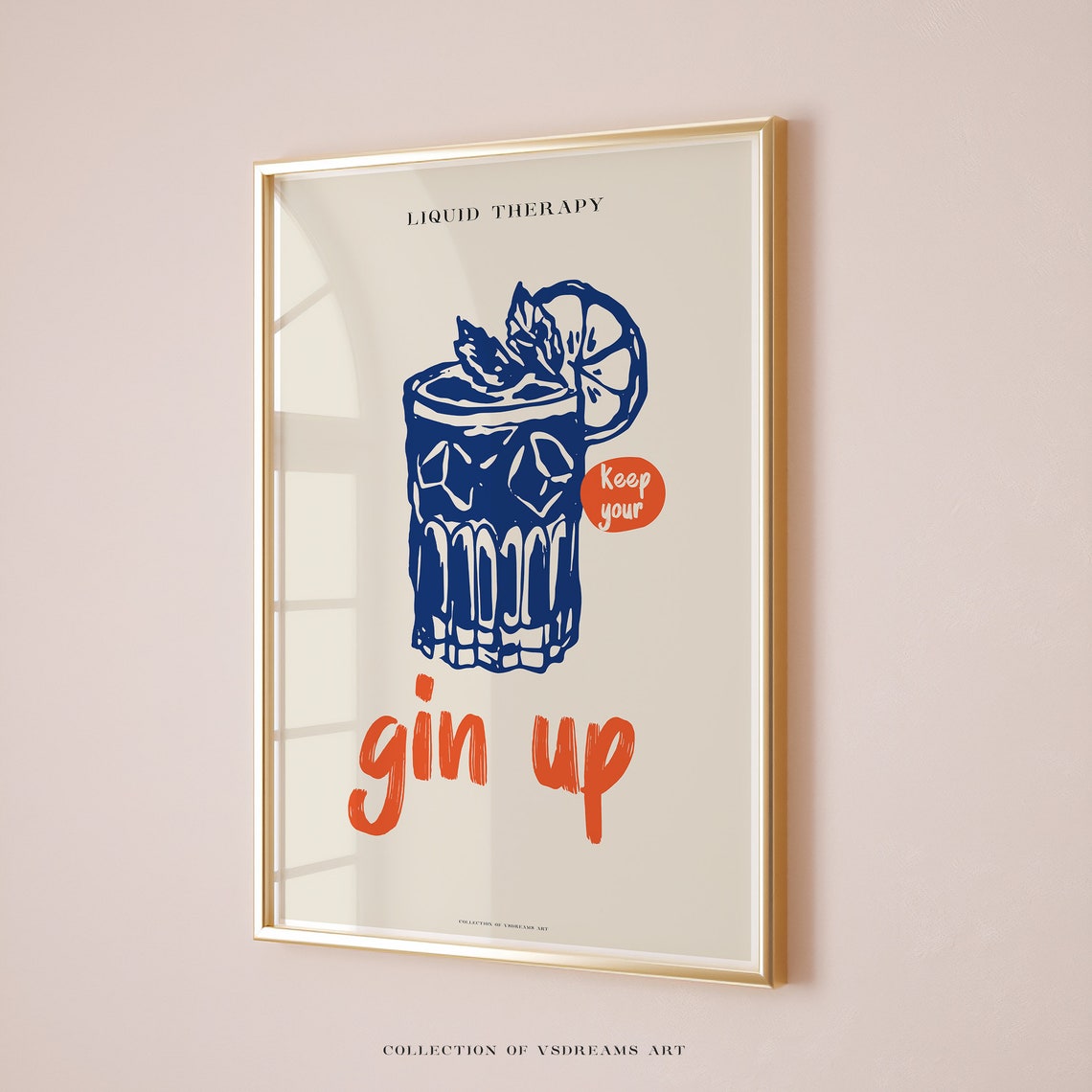 Liquid Therapy Gin Up Retro Blue Cocktail Glass Orange Script Poster