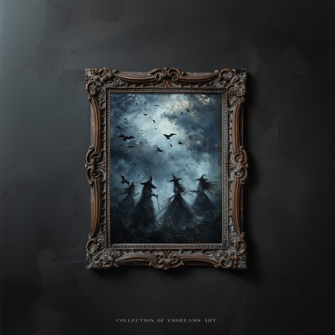 Witch Coven Silhouettes Stormy Night Sky Bats Halloween Poster - Image 3