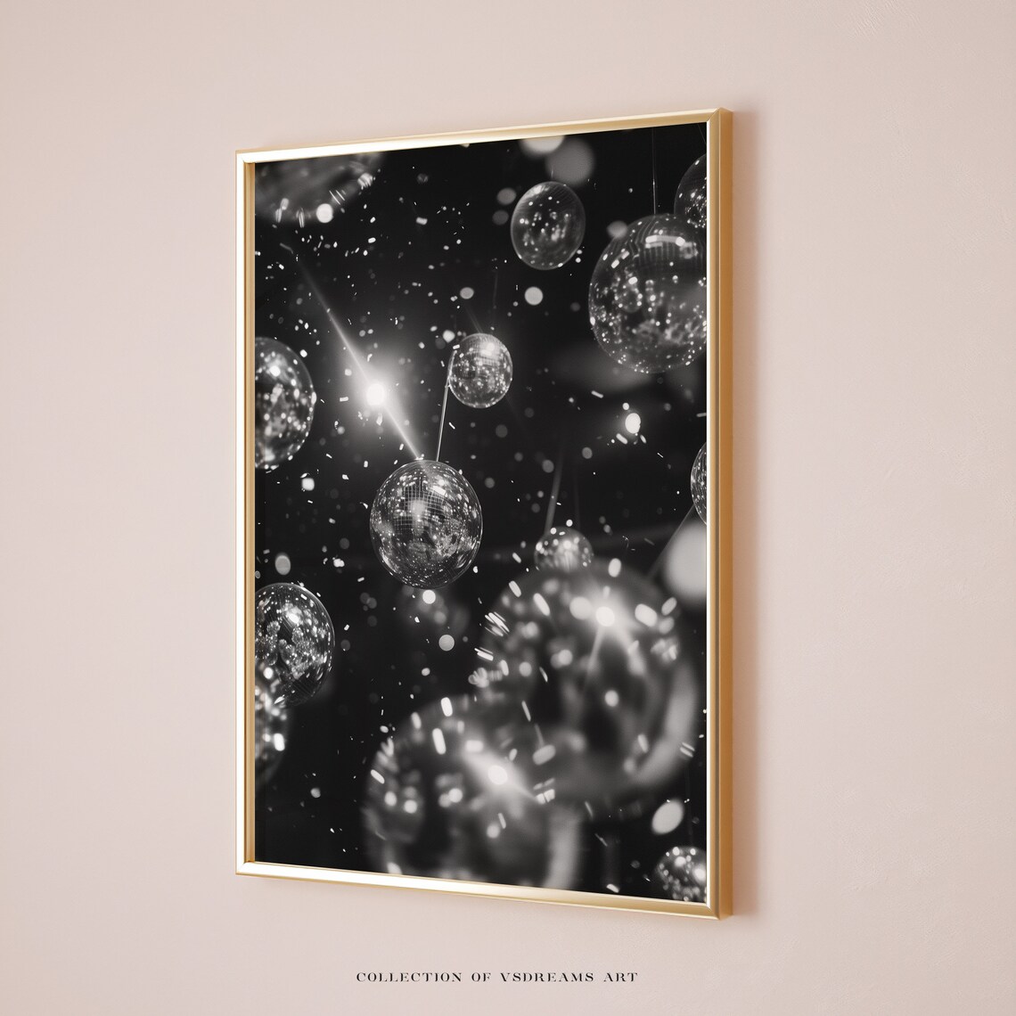 Disco Balls Hanging Confetti Black And White Glam Party Poster