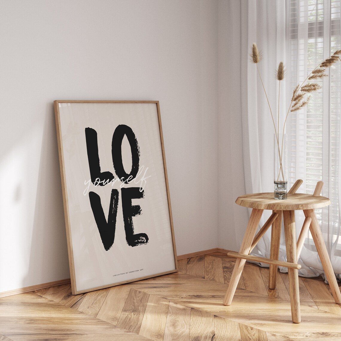 Love Yourself Black Brush Lettering Beige Neutral Minimalist Wall Art - Image 3