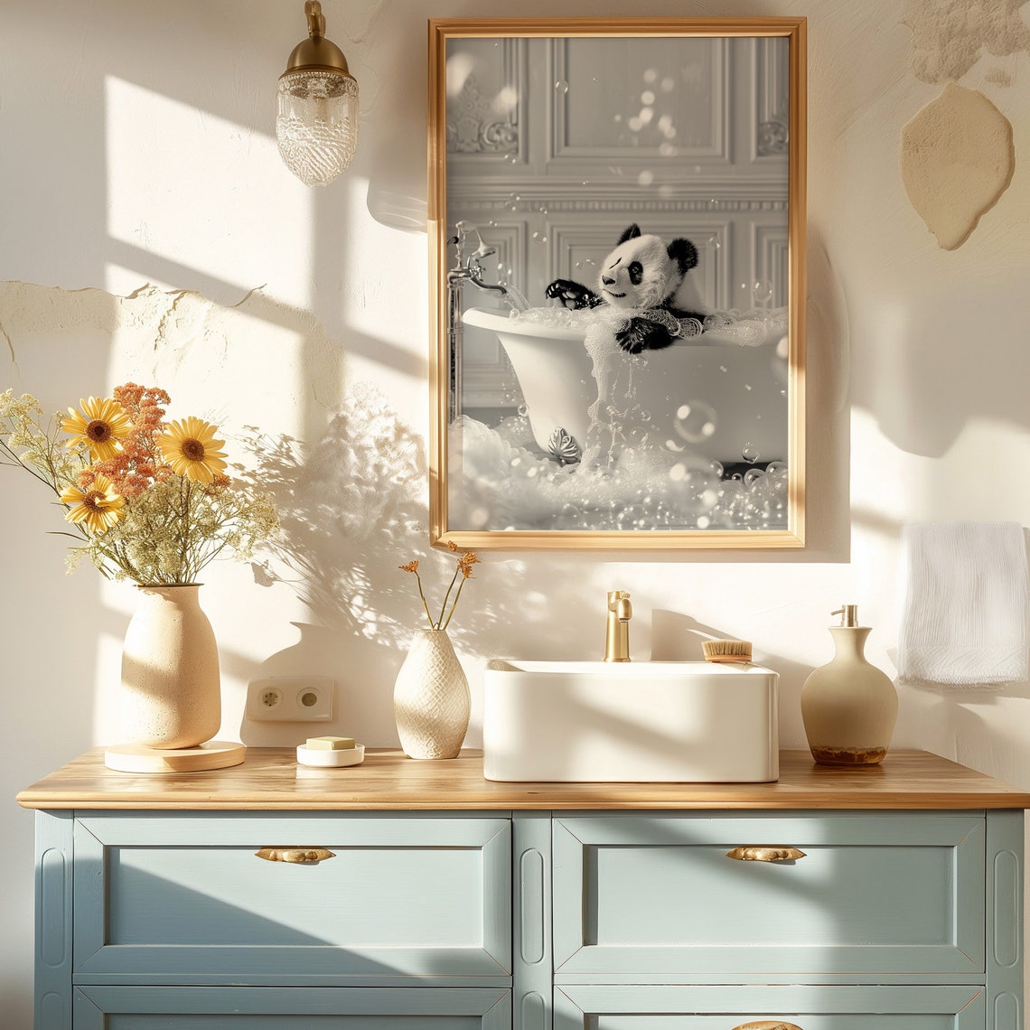 Panda Bubble Bath Black and White Funny Animal Bathroom Poster - Image 2