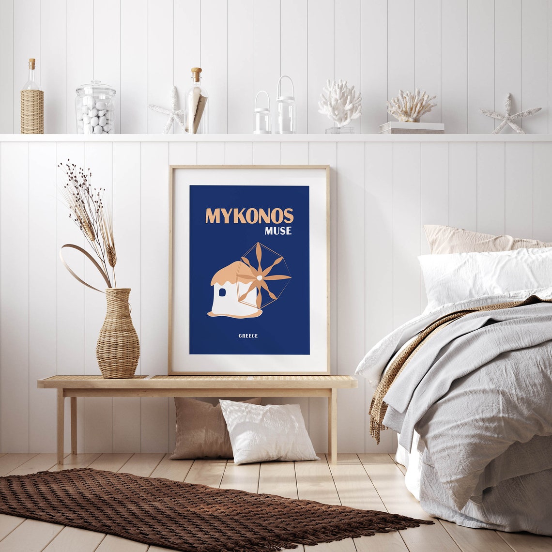 Mykonos Muse Greece White Windmill Navy Blue Travel Art Poster - Image 2