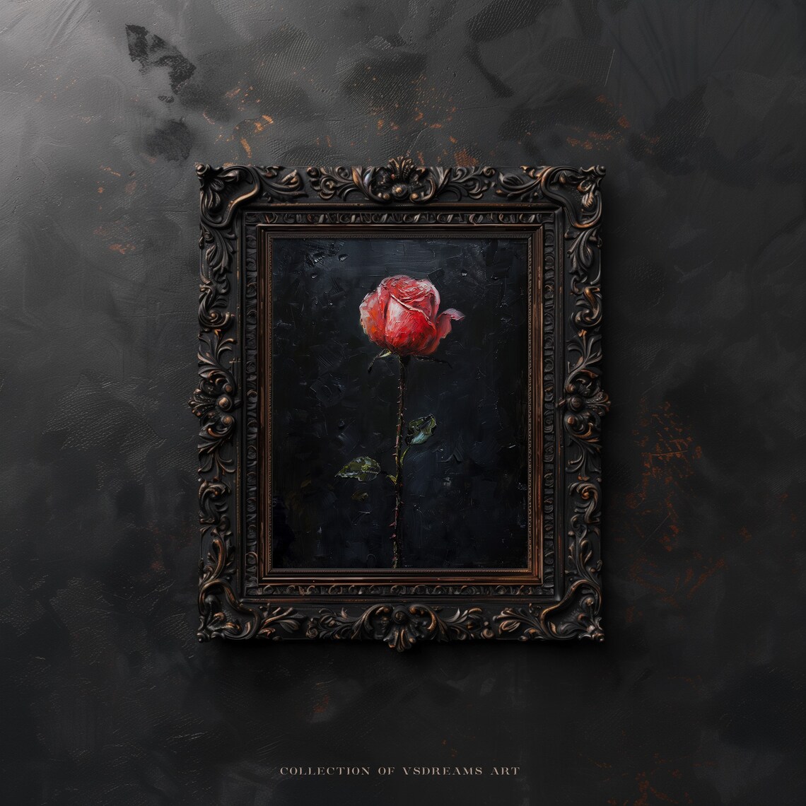 Dark Romance Red Rose Oil Painting Single Bloom Black Art Poster - Image 5