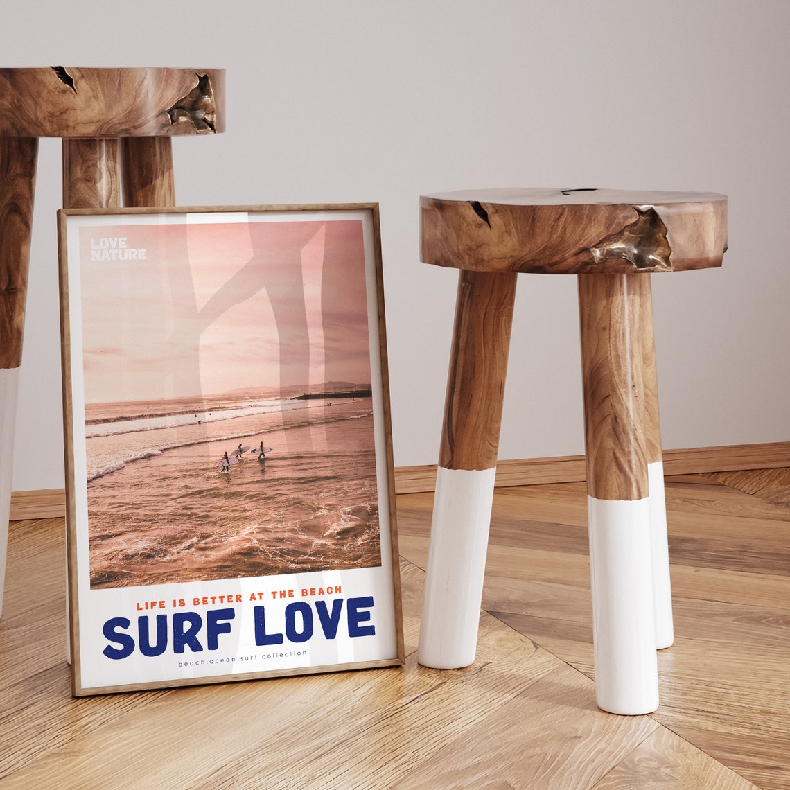 Surf Love Pink Sunset Beach Surfers Wading Into Ocean Photo Poster - Image 3