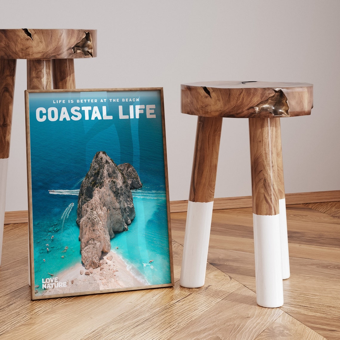 Coastal Life Aerial Sea Stack Turquoise Beach Boats Ocean Photo Poster - Image 3