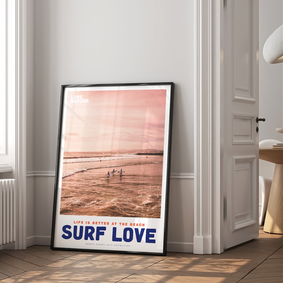 Surf Love Pink Sunset Beach Surfers Wading Into Ocean Photo Poster - Image 2