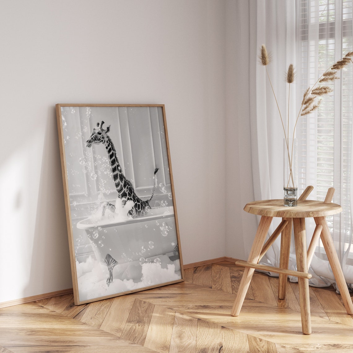 Giraffe Sitting in Bubble Bath Black and White Bathroom Poster - Image 3