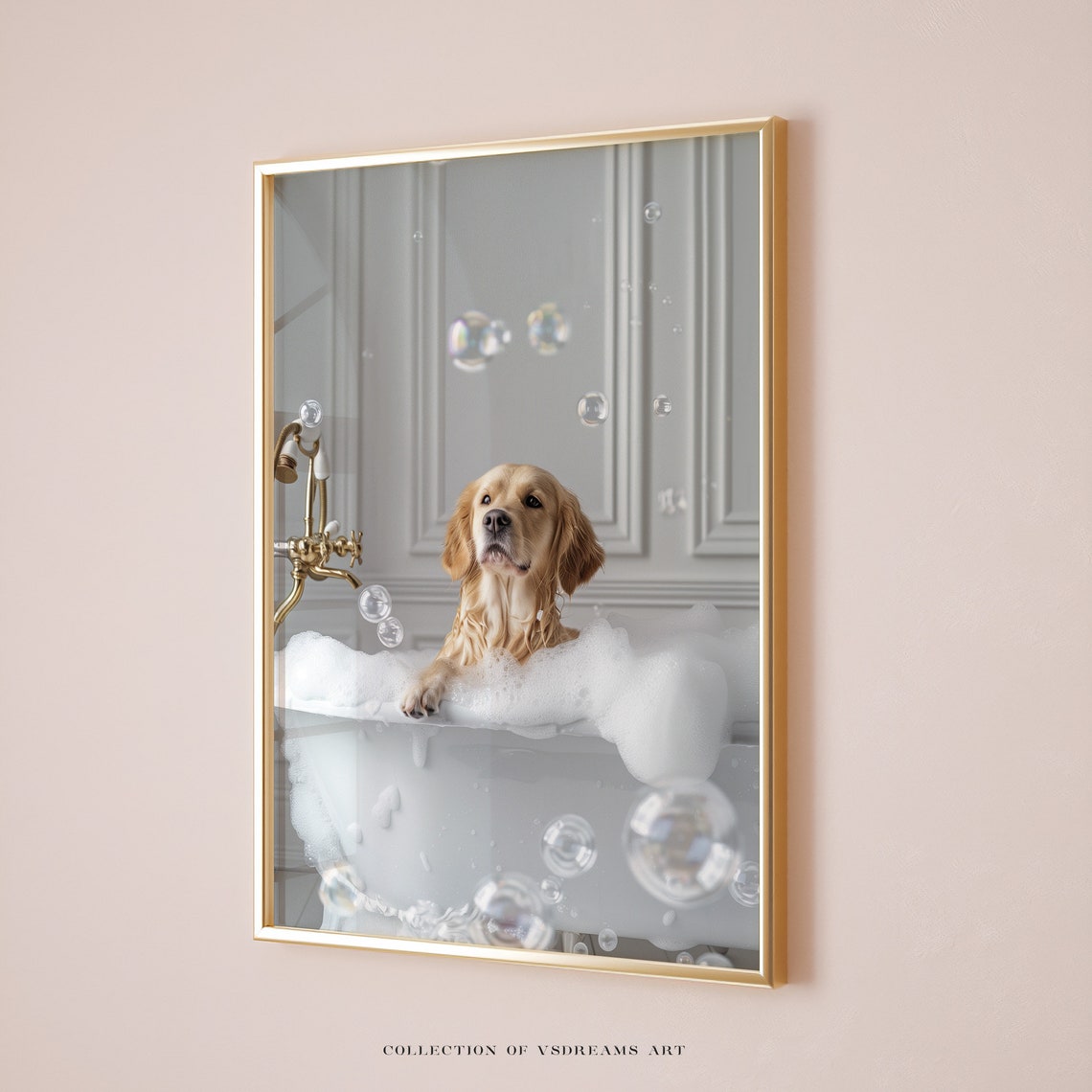 Golden Retriever Bubble Bath Tub Cute Dog Bathroom Decor Art Poster