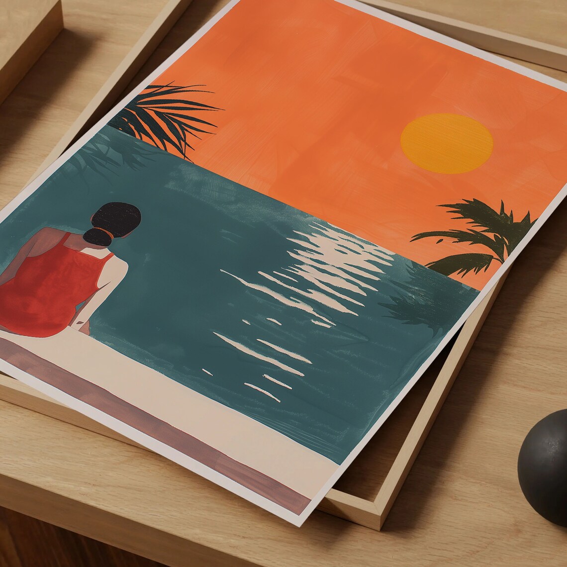 Woman Watching Ocean Sunset Red Swimsuit Tropical Art Poster - Image 5