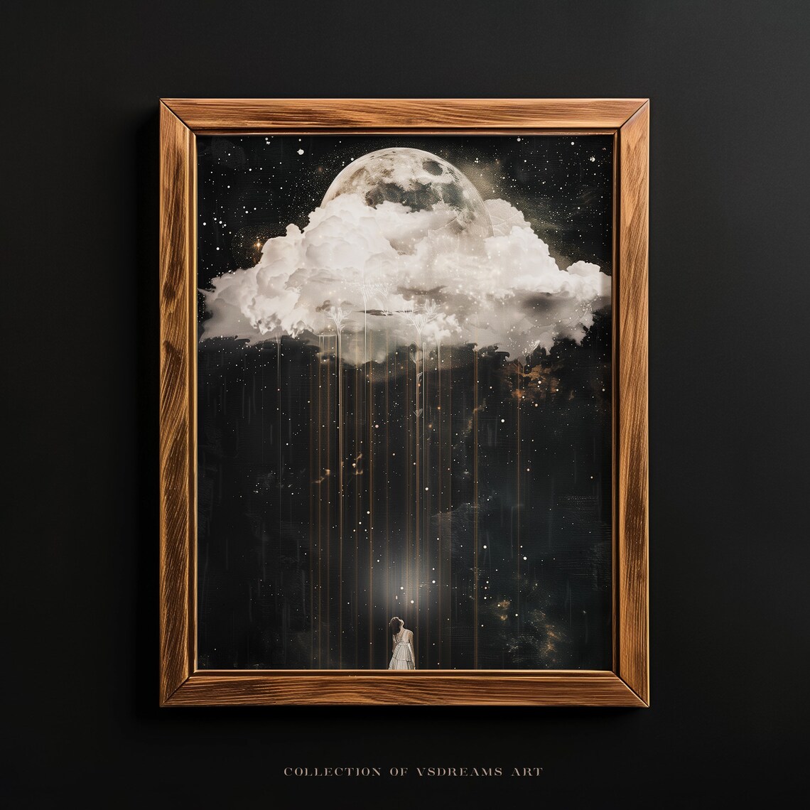 Woman Under Moon Cloud Night Sky Dark Academia Surreal Poster