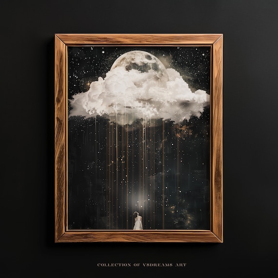 Woman Under Moon Cloud Night Sky Dark Academia Surreal Poster