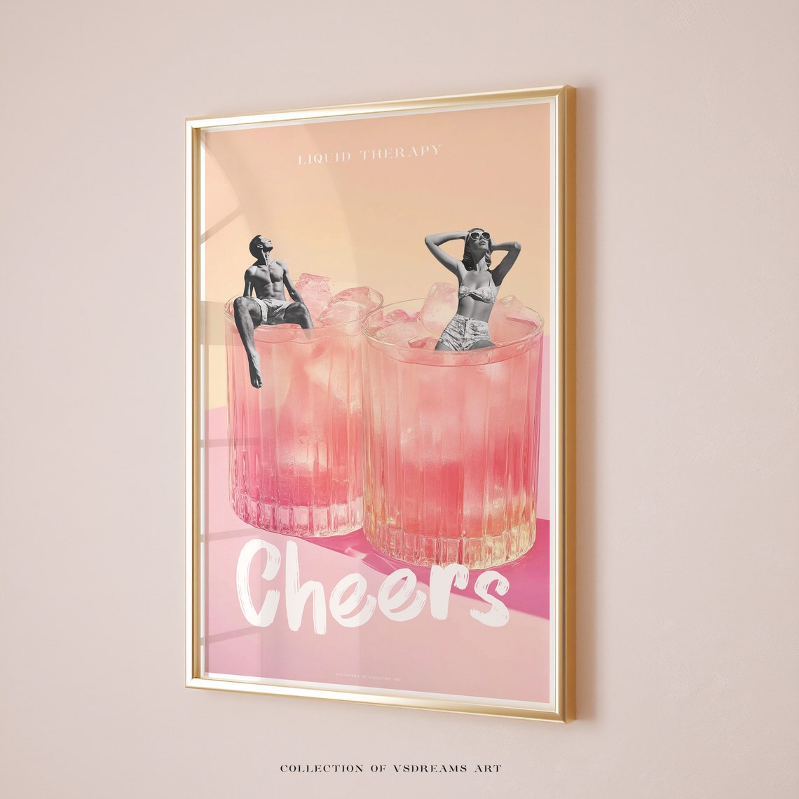 Liquid Therapy Cheers Pink Cocktail Retro Swimmers Summer Art Poster