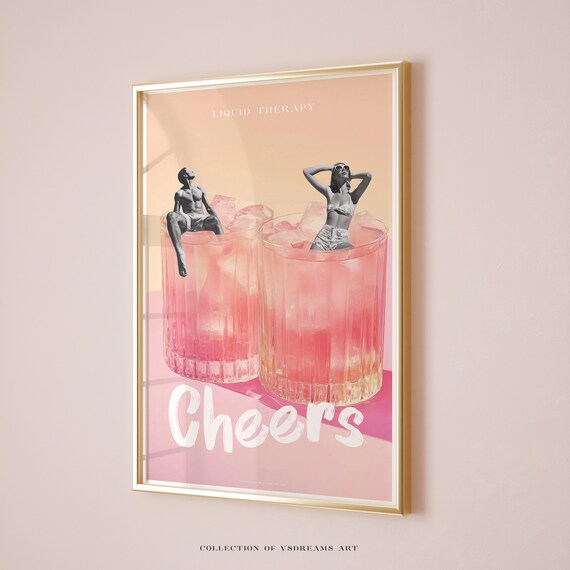 Liquid Therapy Cheers Pink Cocktail Retro Swimmers Summer Art Poster