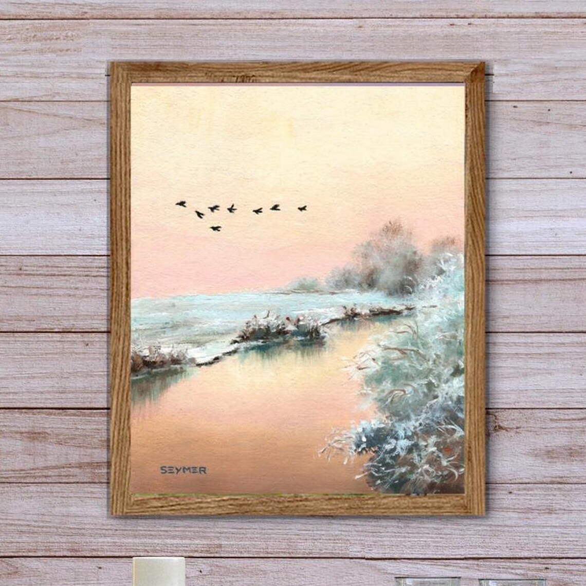 Winter Sunrise over a Frozen River with a Flock of Birds Poster