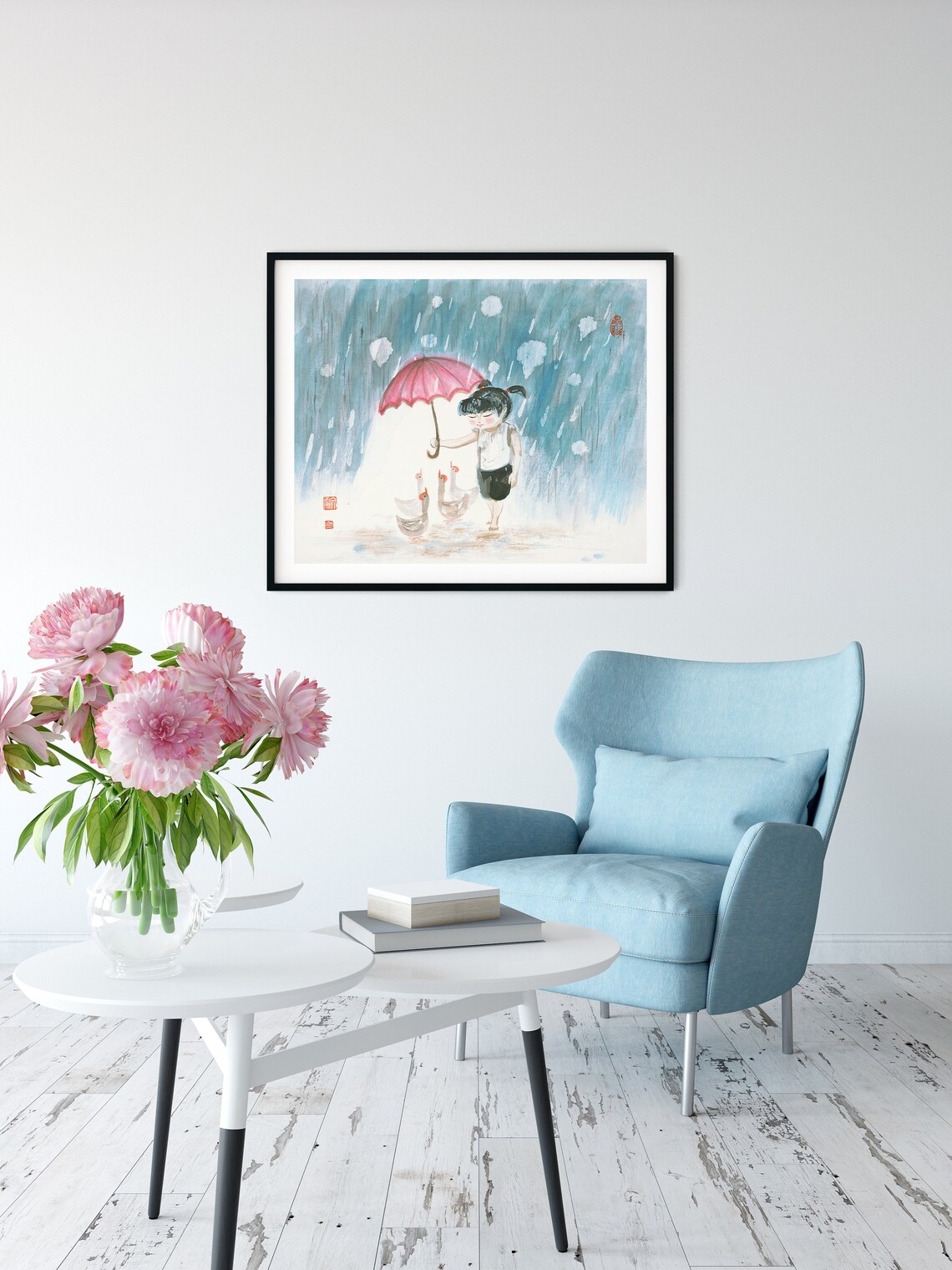 Girl and Geese Chinese Painting Wall Art Print - Image 2
