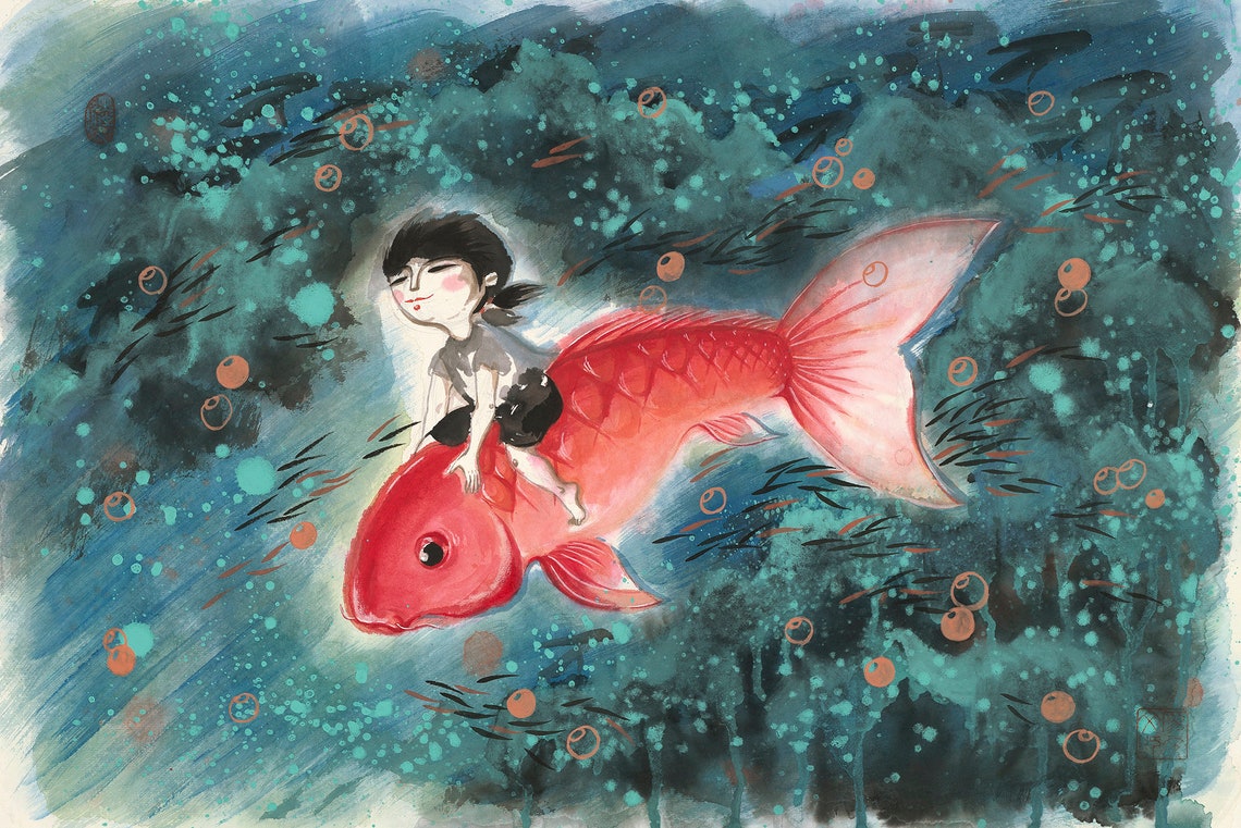 Child Riding Giant Red Koi Underwater Ink Wash Art Nursery Poster