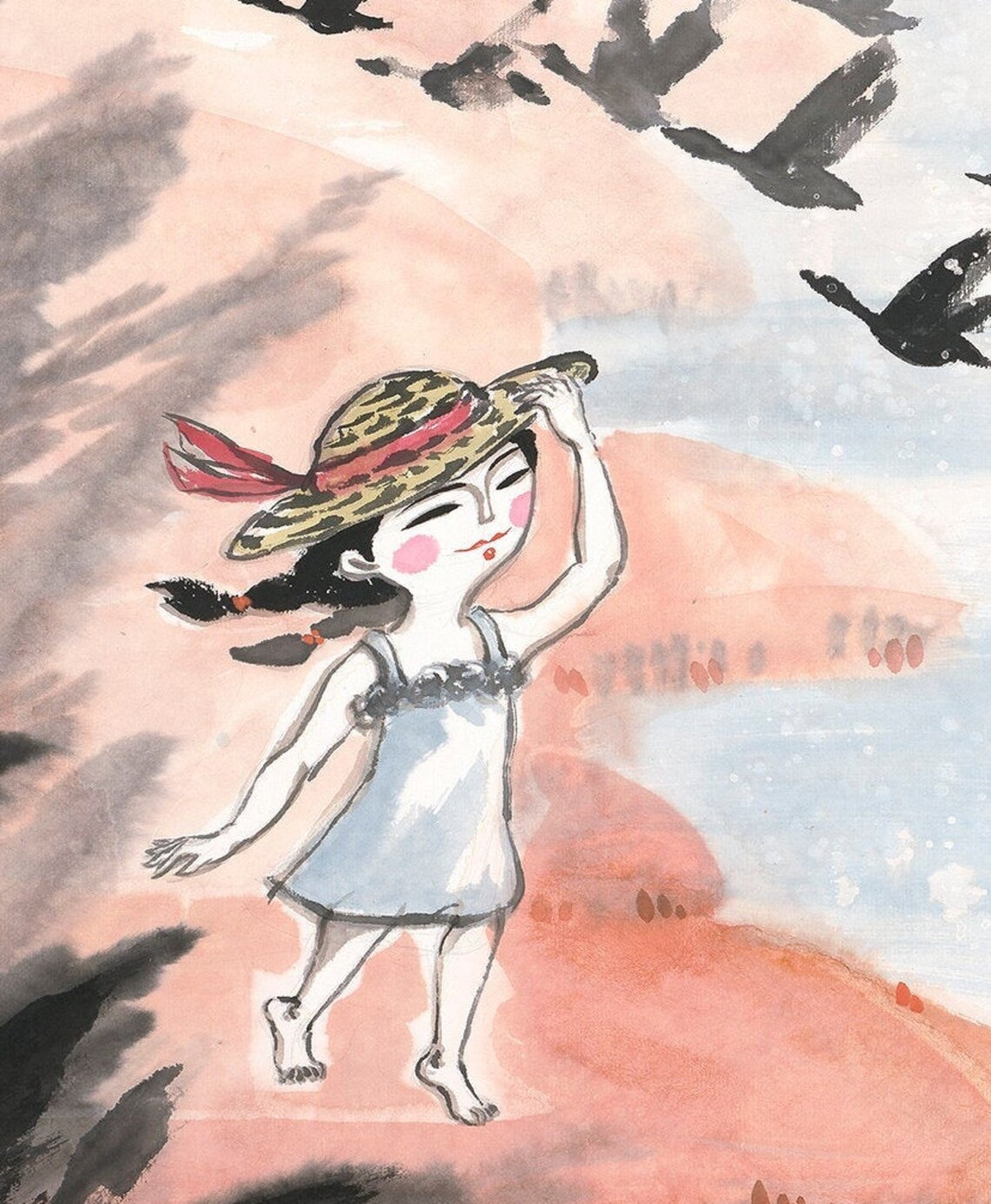 Girl And Geese Chinese Ink Art Print, Nursery Decor - Image 2