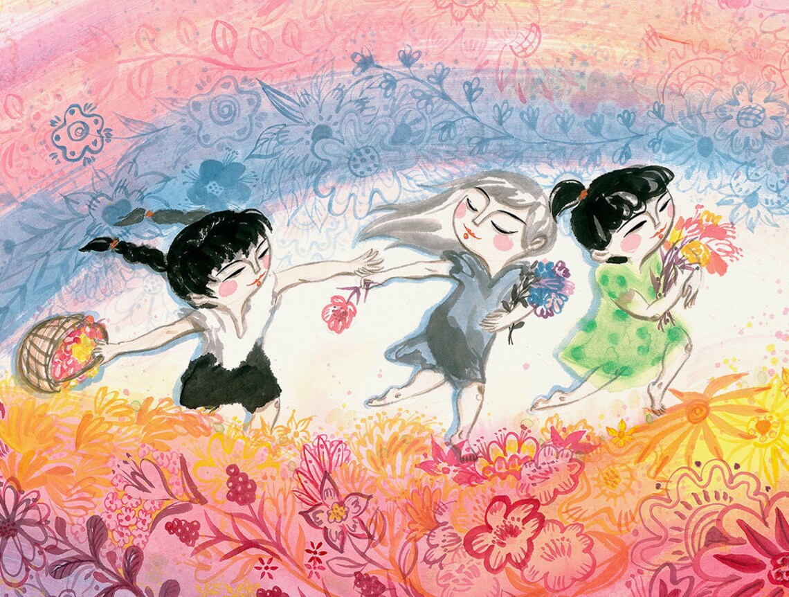 Chinese Ink Painting Flowers and Girls Art Print - Image 4