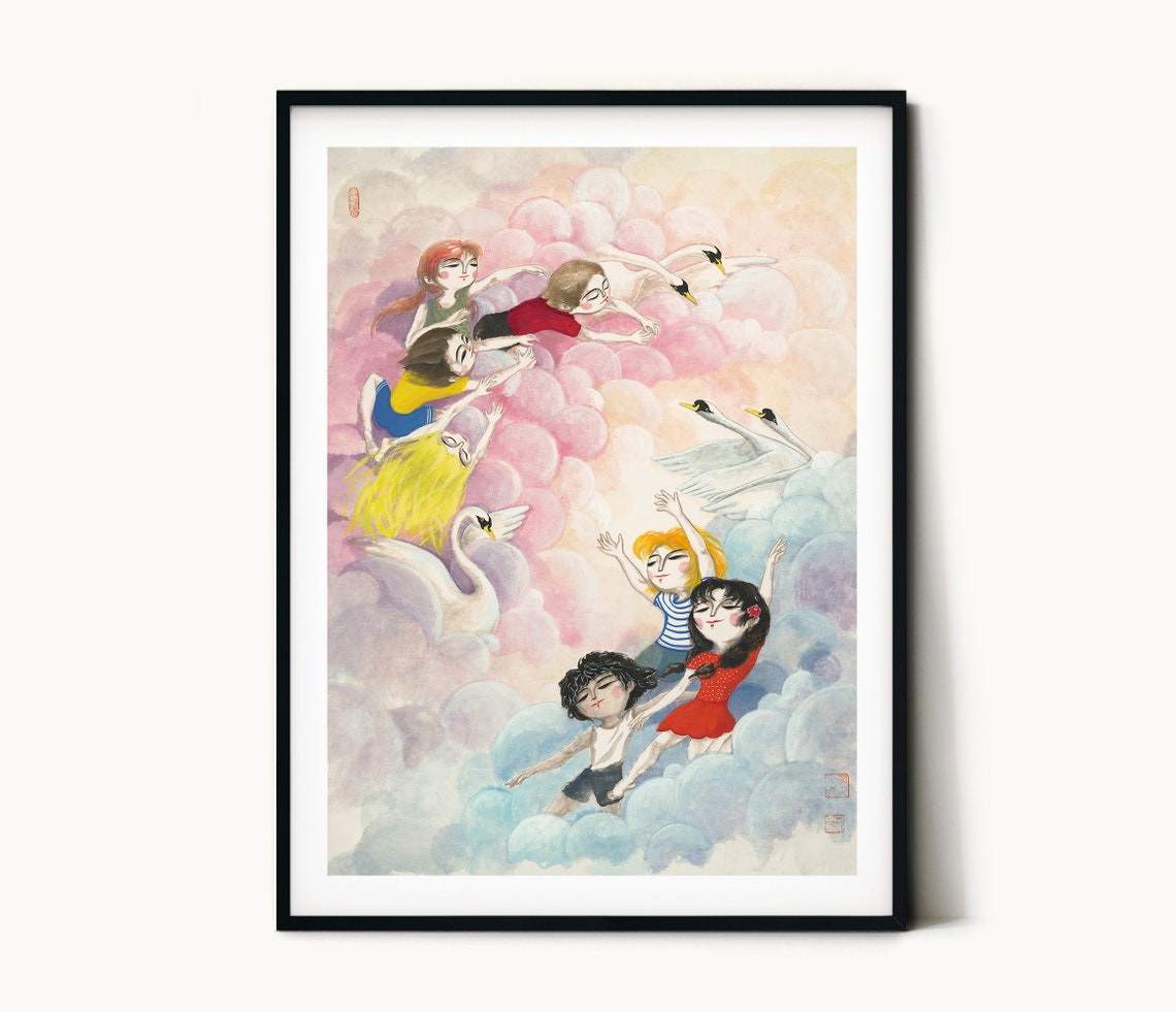 Kids Flying With Swans Pastel Clouds Dream Art Dreamy Poster