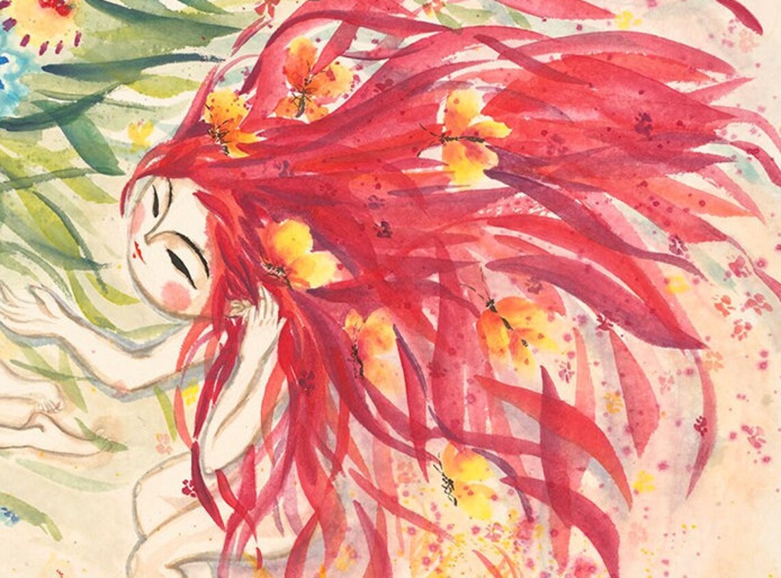 Four Girls As Four Seasons Floral Ink Wash Art Nature Poster - Image 2