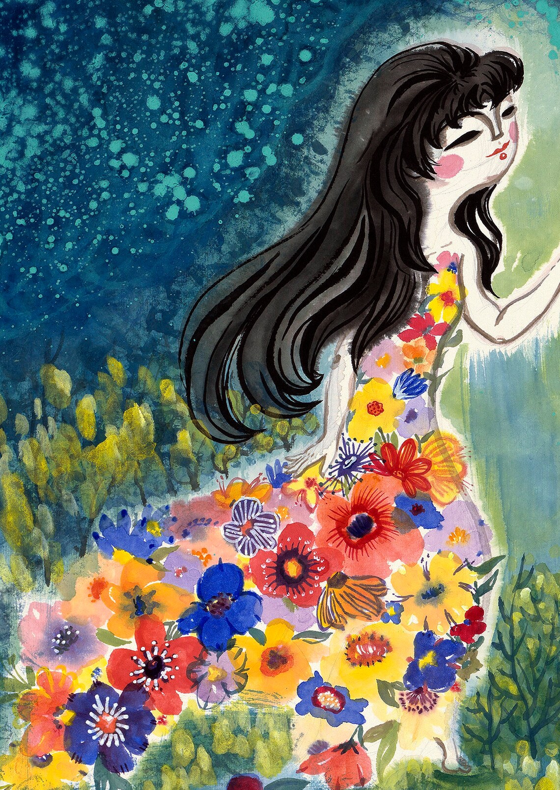Girl In Floral Dress Holding Blossoms Night Garden Dreamy Poster - Image 4