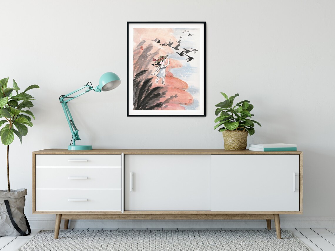 Girl And Geese Chinese Ink Art Print, Nursery Decor - Image 4