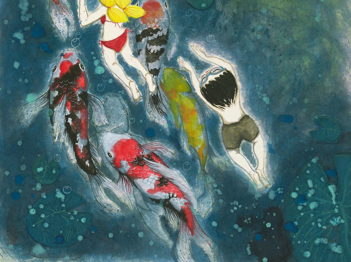 Girl, Boy and Koi Fish Chinese Ink Art Print - Image 3