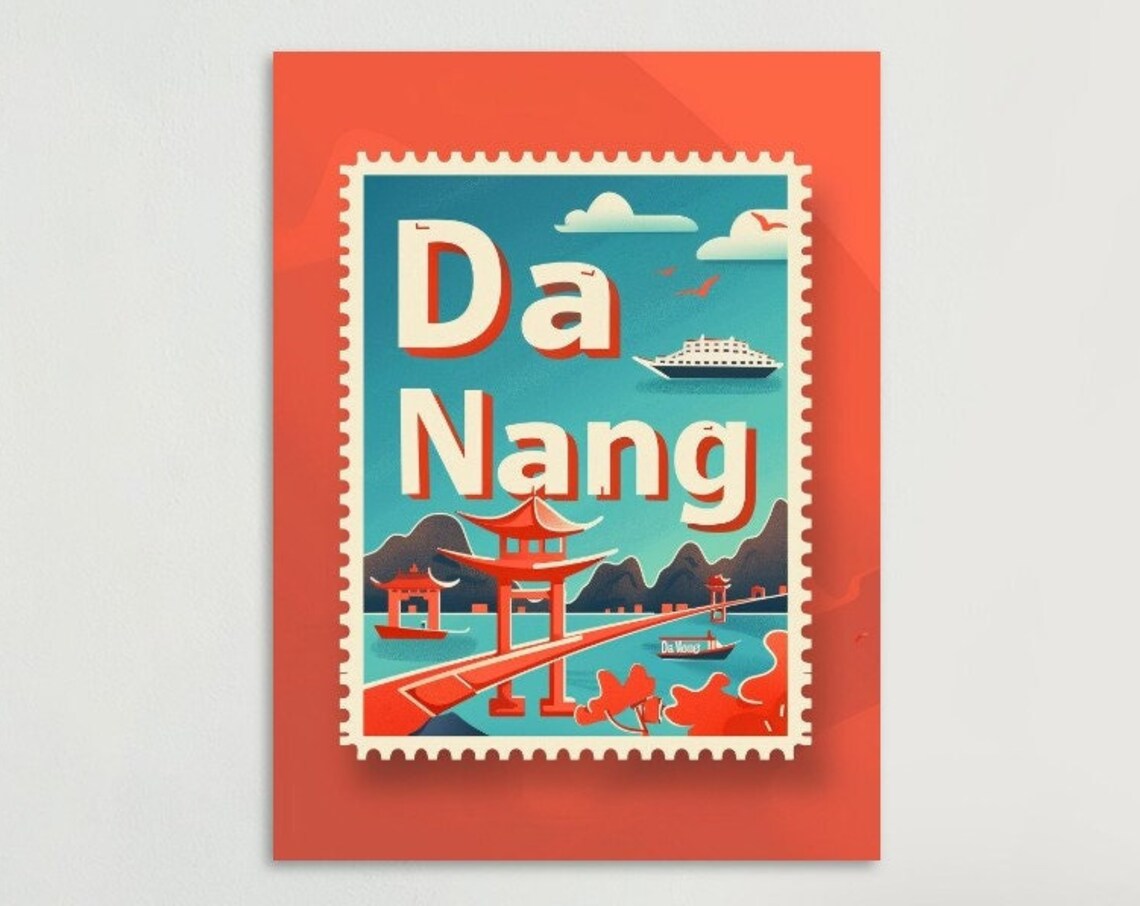 Da Nang Vietnam Pagoda Pier Cruise Vintage Travel Stamp Poster