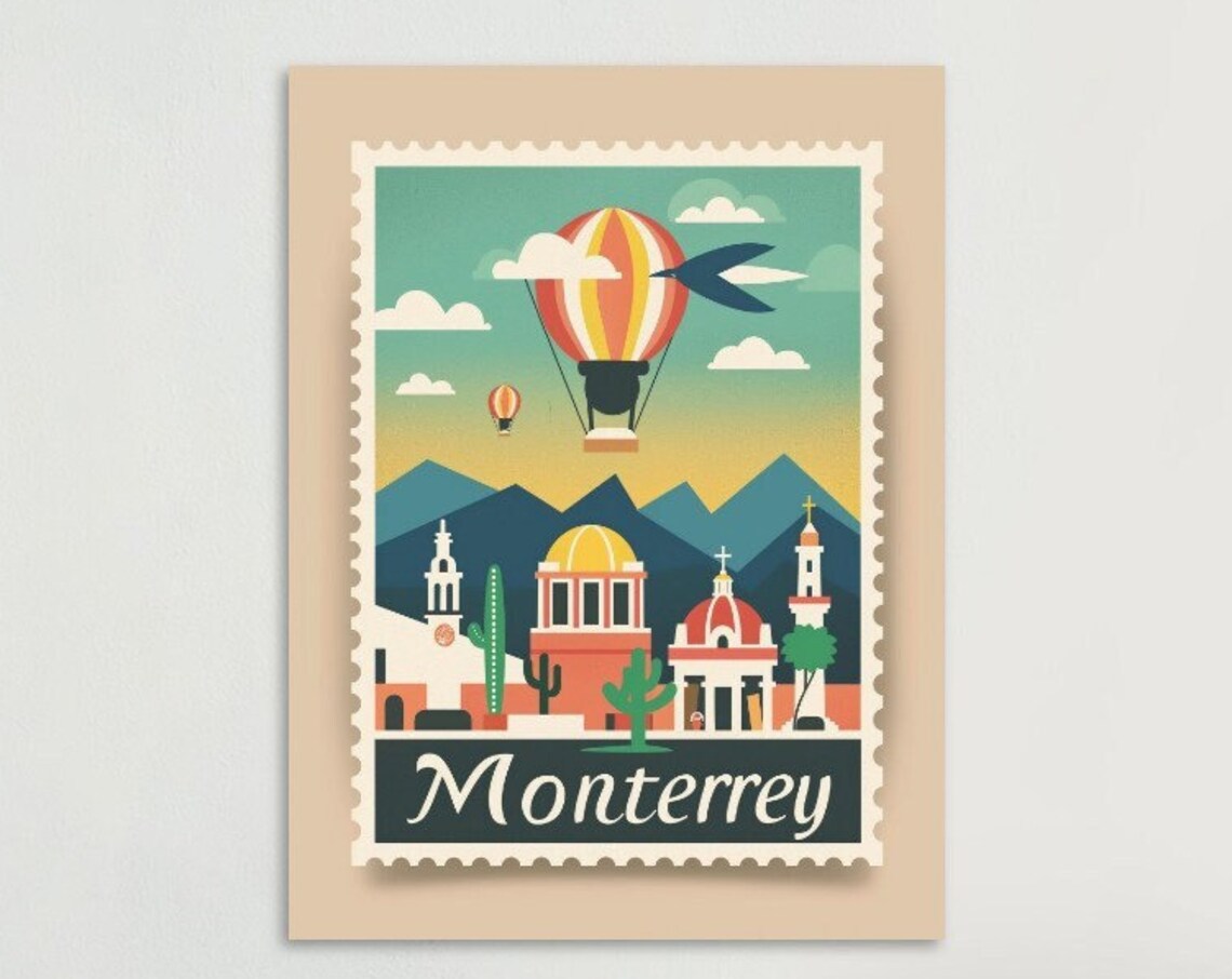 Monterrey Mexico Vintage Postage Stamp City Skyline Travel Poster