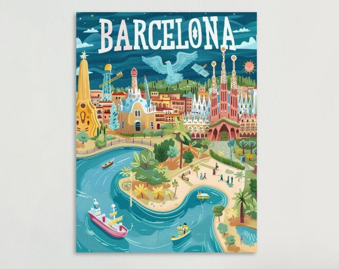 Barcelona Sagrada Familia Whimsical Colorful Travel Poster Art