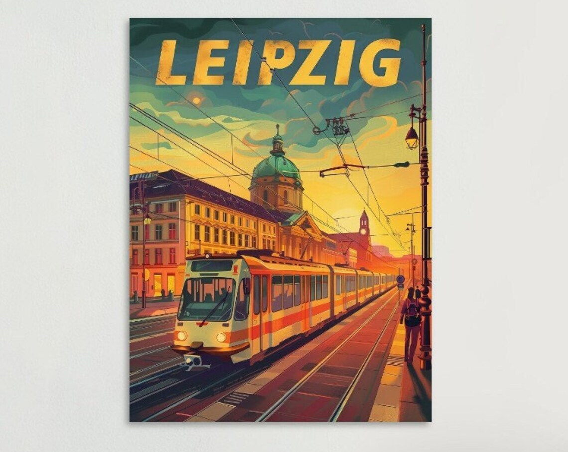 Leipzig Tram Street Historic Church Sunset Retro Travel Poster