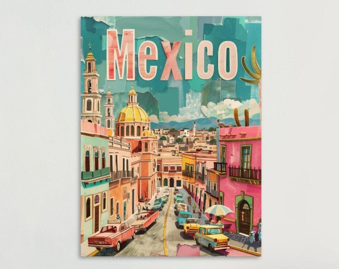Mexico Colonial Street Cathedral Vintage Cars Collage Style Poster