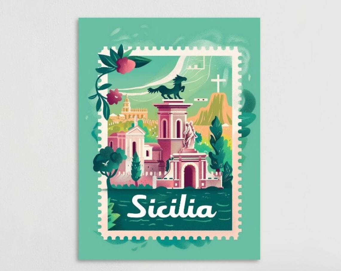 Sicily Horse Statue Cathedral Green Vintage Stamp Travel Poster