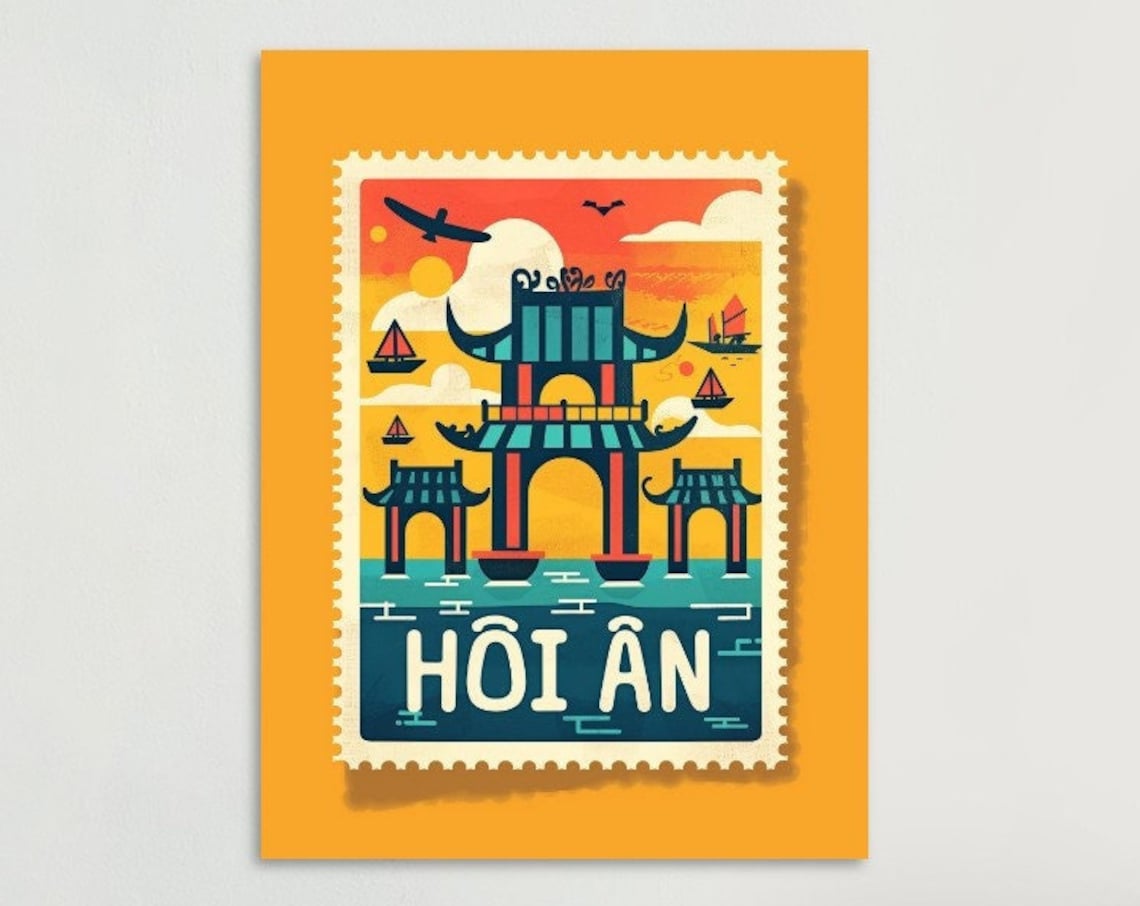 Hoi An Vietnam Covered Bridge Sunset Boats Stamp Travel Art Poster