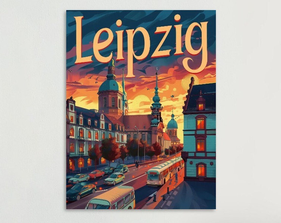 Leipzig Germany St Nicholas Church Buses Sunset Vintage Travel Poster