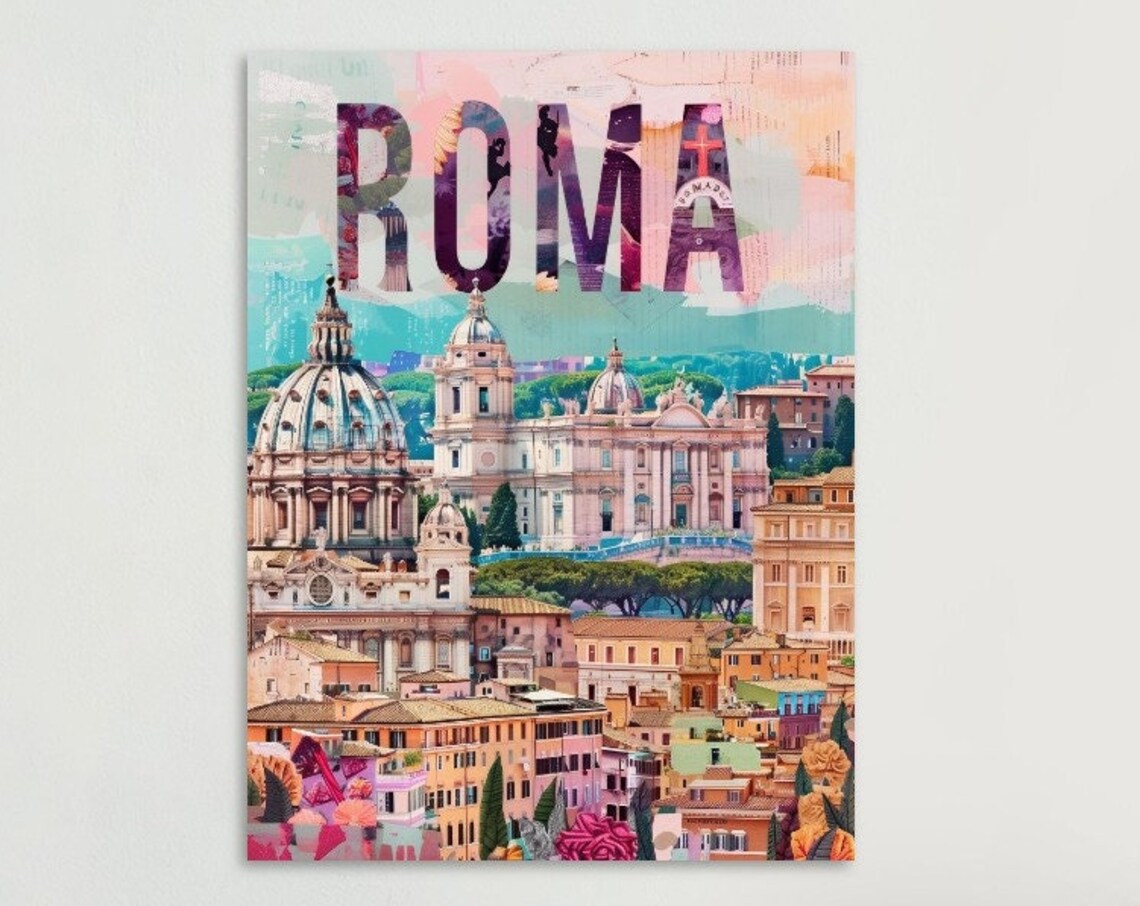 Roma Rome Domes Basilica Pink Collage Letters Vintage Travel Poster
