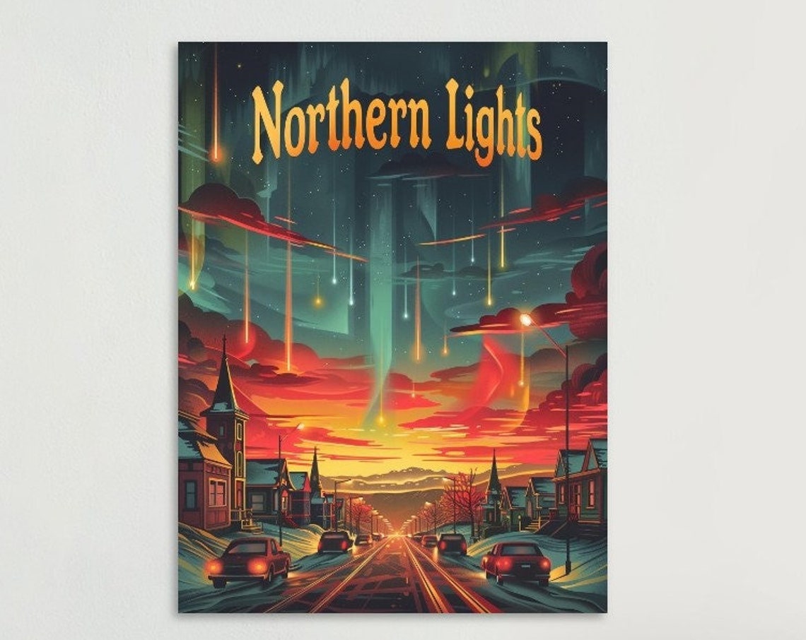 Northern Lights Retro Poster Vibrant Aurora Borealis Scene Framed Wall Art Perfect Housewarming Gift