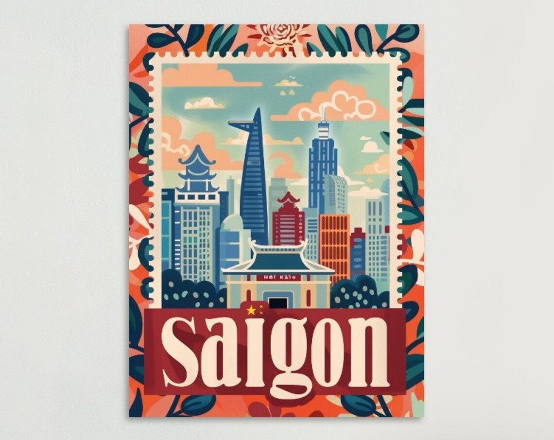 Saigon Vietnam Bitexco Skyline Pagoda Stamp Travel Art Poster