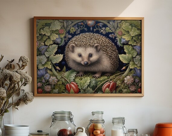 Cute Hedgehog In Green Garden With Flowers And Red Fruits Poster