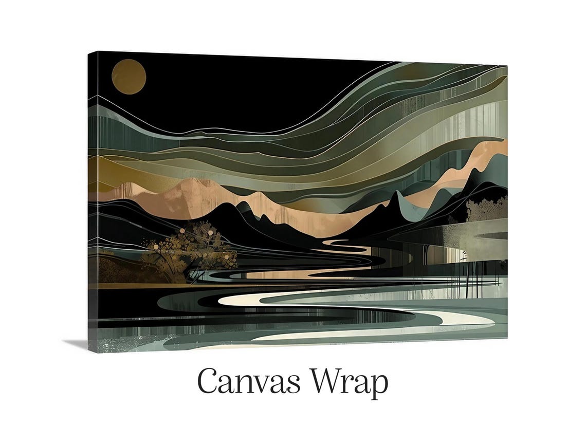 Minimalist Green Black Landscape Gold Moon Birds River Art Poster - Image 2