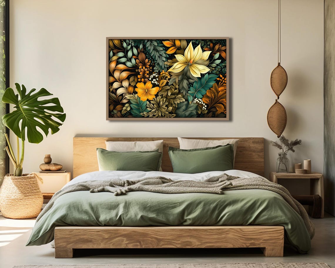 Dark Botanical Yellow Orange Blooms Teal Leaves Vintage Art Poster - Image 2
